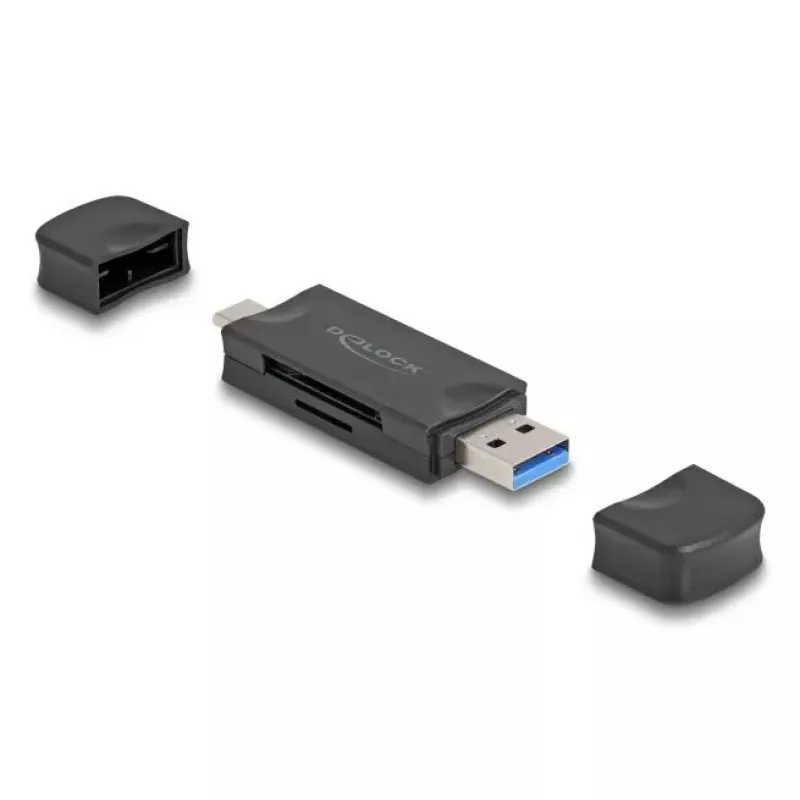 Lettore di schede DELOCK USB 5 Gbps USB Type-C / Type-A per SD e MicroSD, nero, 5000 Mbit/s, 21×77×10 mm