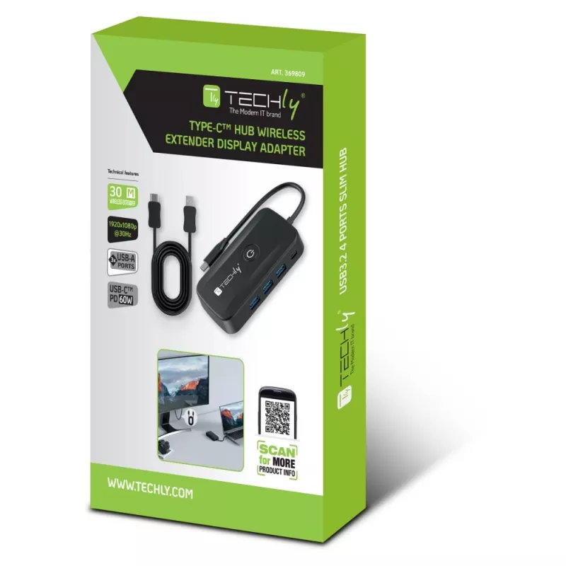 Techly IDATA USBC-HUB5WL AV extender trasmettitore e ricevitore AV nero