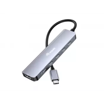 Adattatore multifunzione EQUIP USB-C 6 in 1 — HDMI 4K/60Hz, 4× USB-C Gen2 (10Gbps), 100W PD, cavo 0,25 m, grigio