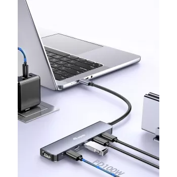 Adattatore multifunzione EQUIP USB-C 6 in 1 — HDMI 4K/60Hz, 4× USB-C Gen2 (10Gbps), 100W PD, cavo 0,25 m, grigio