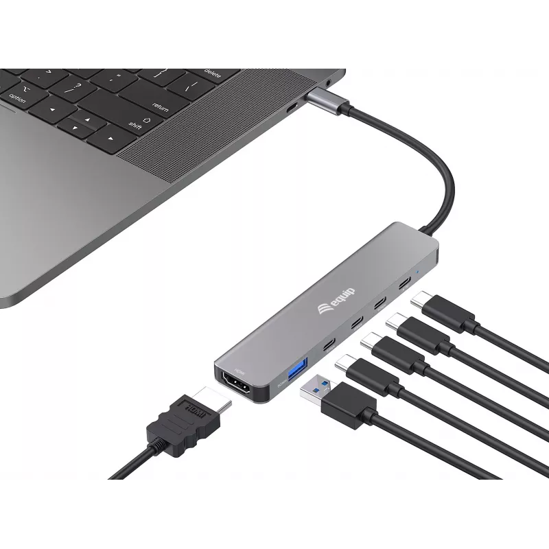 Adattatore multifunzione Equip USB-C 6 in 1, HDMI 4K/30Hz, USB-C x4, USB-A x1, 5Gbps, 100W USB PD