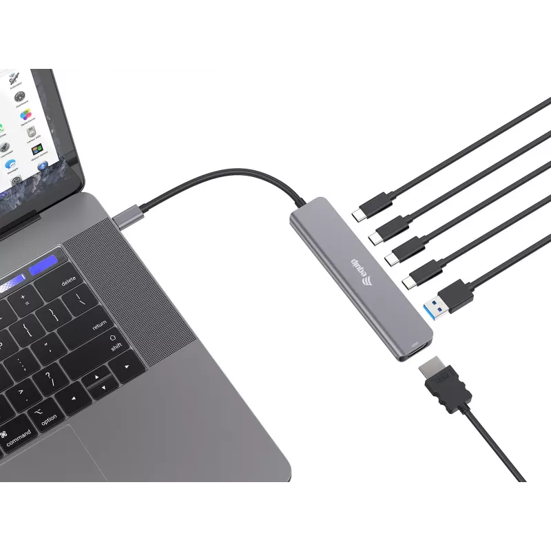 Adattatore multifunzione Equip USB-C 6 in 1, HDMI 4K/30Hz, USB-C x4, USB-A x1, 5Gbps, 100W USB PD