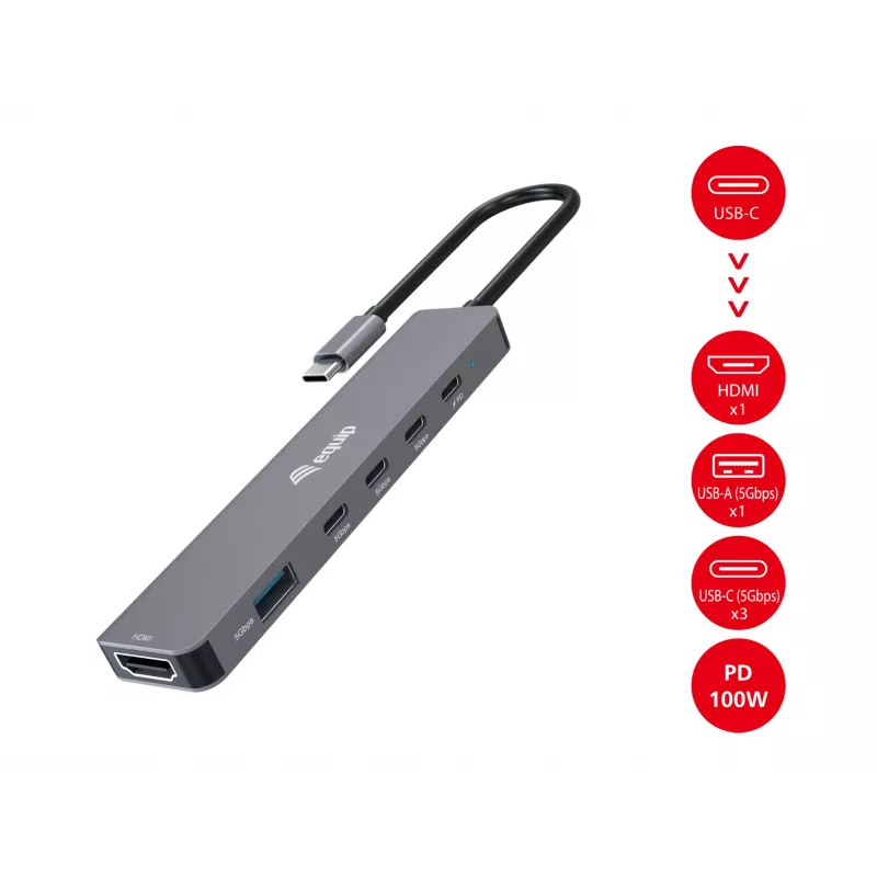Adattatore multifunzione Equip USB-C 6 in 1, HDMI 4K/30Hz, USB-C x4, USB-A x1, 5Gbps, 100W USB PD