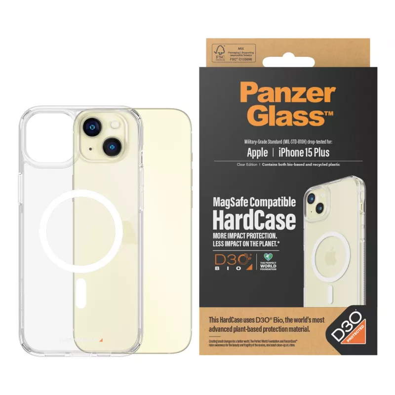 Custodia protettiva HardCase MagSafe per cellulare PanzerGlass per iPhone 15 Plus — plastica riciclata trasparente, compatibile con display da 6,69 pollici