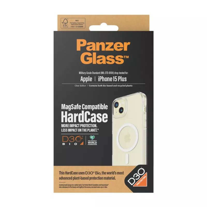 Custodia protettiva HardCase MagSafe per cellulare PanzerGlass per iPhone 15 Plus — plastica riciclata trasparente, compatibile con display da 6,69 pollici