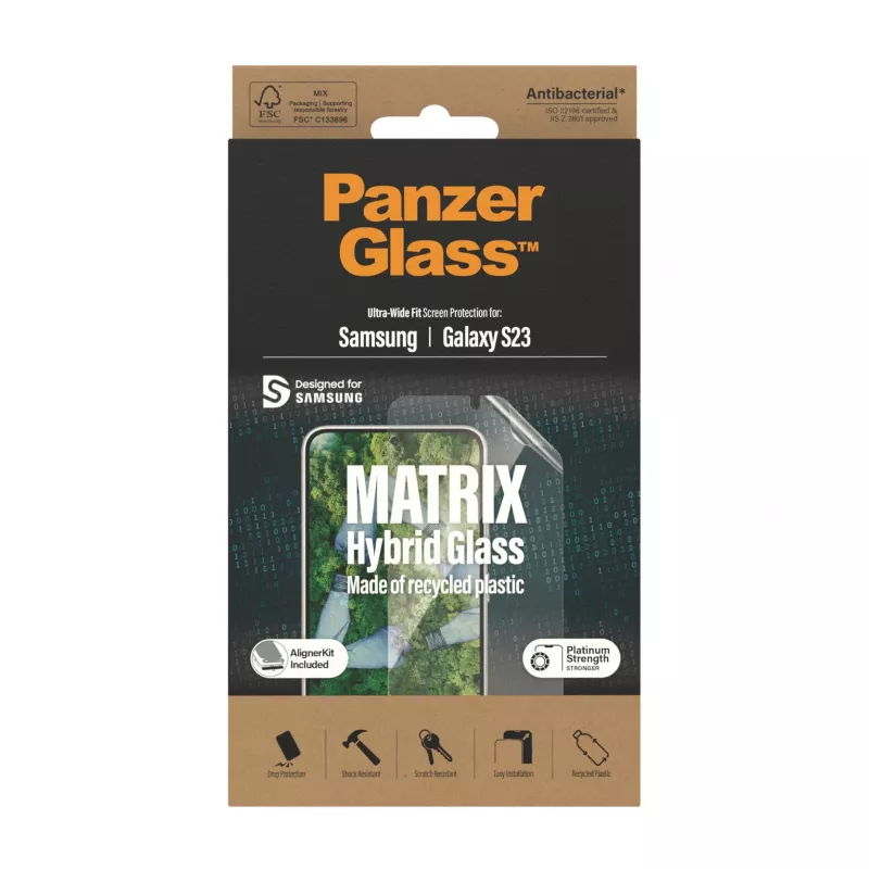 Protezione display PanzerGlass ® ECO MATRIX Samsung Galaxy S23 | vestibilità ultra-wide con AlignerKit
