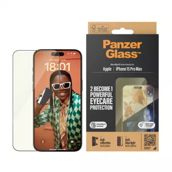 Protezione display PanzerGlass ® EyeCARE™ iPhone 15 Pro Max | Ultra-Wide Fit con EasyAligner