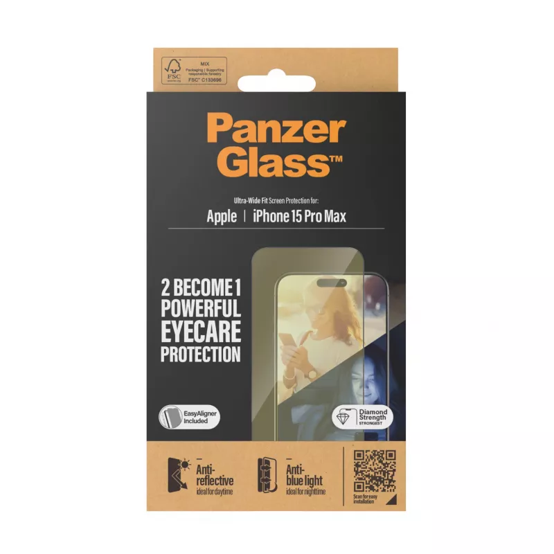 Protezione display PanzerGlass ® EyeCARE™ iPhone 15 Pro Max | Ultra-Wide Fit con EasyAligner