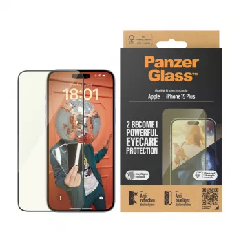 Vetro protettivo per display PanzerGlass Eyecare per iPhone 15 Plus — Ultra-Wide Fit, antiurto, applicazione a secco