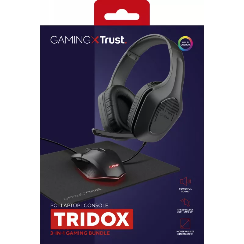 Trust GXT 790 Tridox Bundle gaming 3-in-1 (cuffie con microfono, mouse, tappetino per mouse), nero