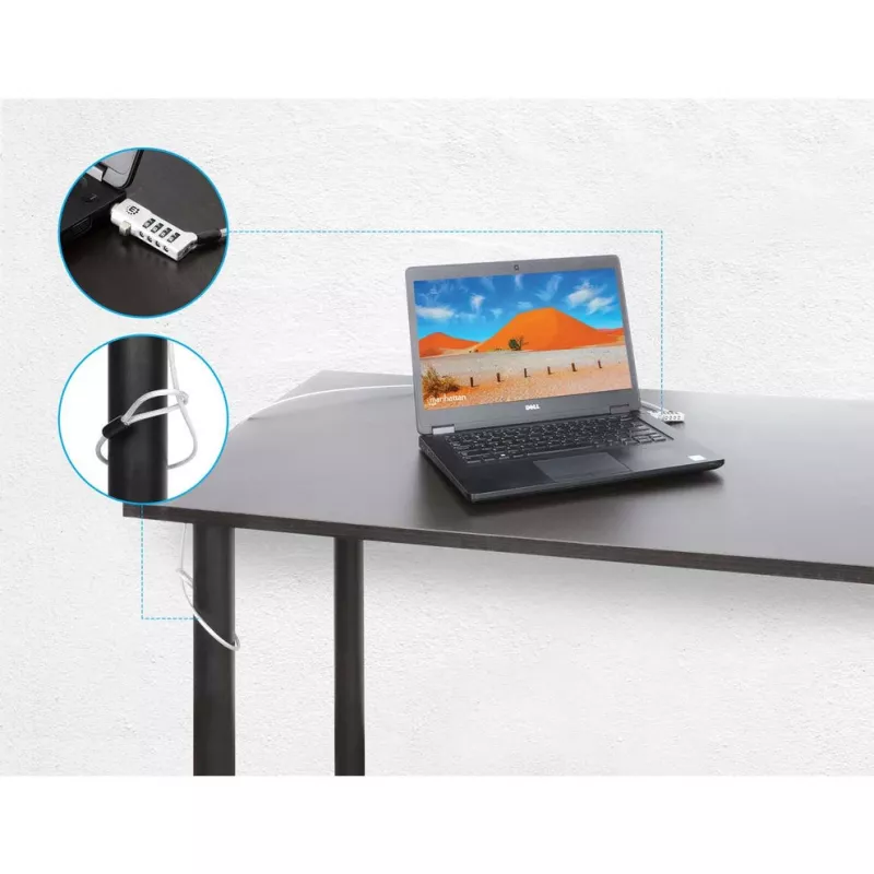 Manhattan lucchetto combinazione universale per laptop per Noble Wedge®, Nano e K-Slot, lucchetto antifurto 3-in-1 per notebook, combinazione a 4 cifre reimpostabile, 1,8 m, cavo in acciaio al carbonio antitaglio, rivestimento in PVC traslucido, argento