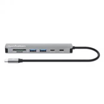 Manhattan dock/hub USB-C con lettore di schede, porte (x5): HDMI, USB-A (x2) e USB-C (x2), con Power Delivery (PD) 100W – richiede caricabatterie USB-C esterno (non incluso). Alimentato via USB (nessun alimentatore esterno necessario) quando PD non è utilizzato