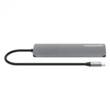 Manhattan dock/hub USB-C con lettore di schede, porte (x5): HDMI, USB-A (x2) e USB-C (x2), con Power Delivery (PD) 100W – richiede caricabatterie USB-C esterno (non incluso). Alimentato via USB (nessun alimentatore esterno necessario) quando PD non è utilizzato