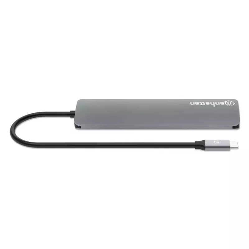 Manhattan dock/hub USB-C con lettore di schede, porte (x5): HDMI, USB-A (x2) e USB-C (x2), con Power Delivery (PD) 100W – richiede caricabatterie USB-C esterno (non incluso). Alimentato via USB (nessun alimentatore esterno necessario) quando PD non è utilizzato