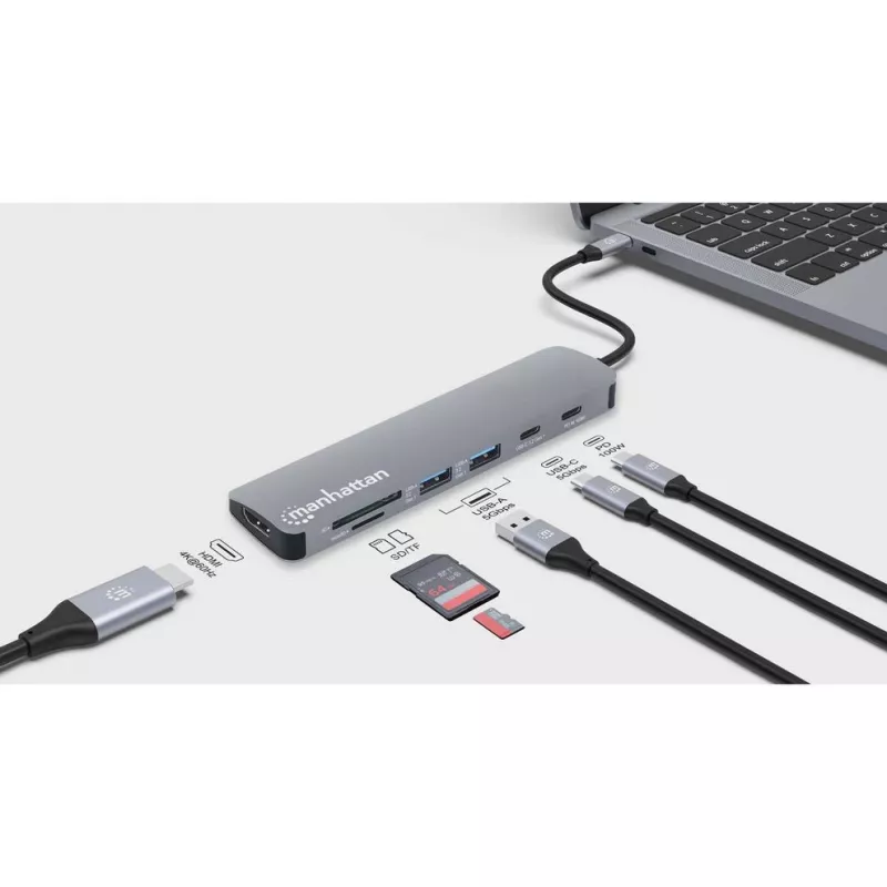 Manhattan dock/hub USB-C con lettore di schede, porte (x5): HDMI, USB-A (x2) e USB-C (x2), con Power Delivery (PD) 100W – richiede caricabatterie USB-C esterno (non incluso). Alimentato via USB (nessun alimentatore esterno necessario) quando PD non è utilizzato