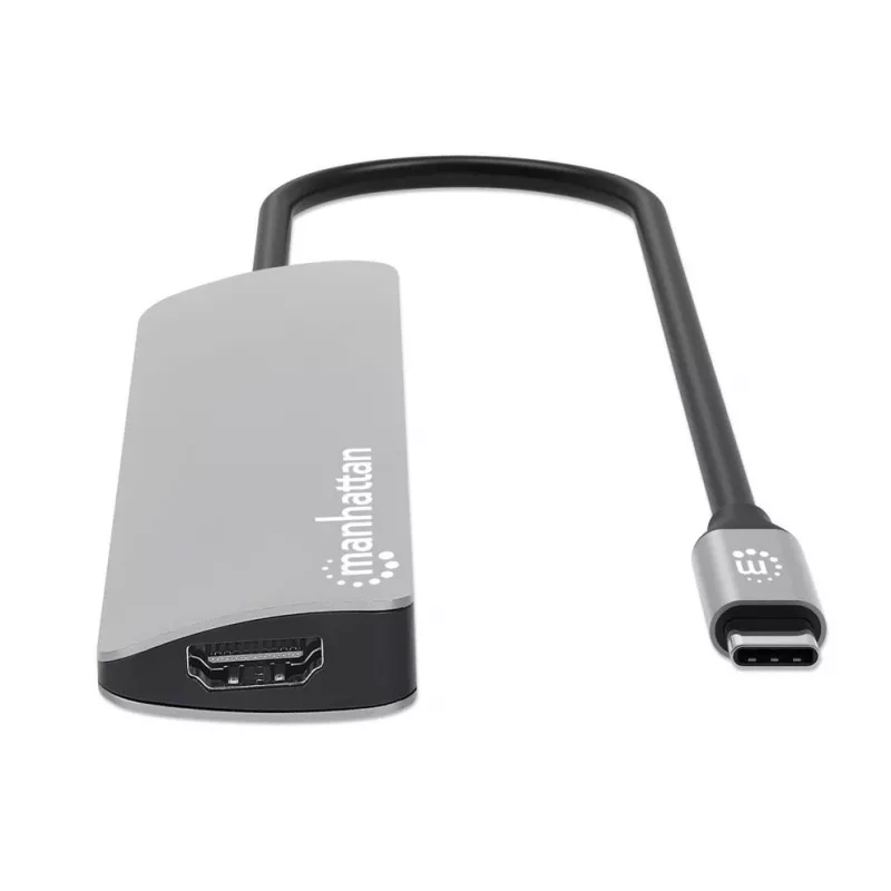 Manhattan dock/hub USB-C con lettore di schede, porte (x5): HDMI, USB-A (x2) e USB-C (x2), con Power Delivery (PD) 100W – richiede caricabatterie USB-C esterno (non incluso). Alimentato via USB (nessun alimentatore esterno necessario) quando PD non è utilizzato