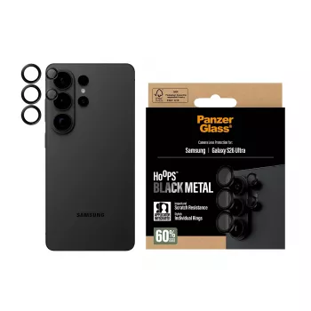 Protezione obiettivo fotocamera PanzerGlass Hoops per Samsung Galaxy S26 Ultra — vetro temperato, silicone, nero