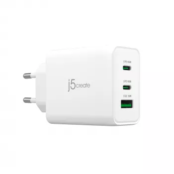 j5create JUP3365E-EN caricabatterie GaN USB-C 65W a 3 porte, uso interno, AC, bianco