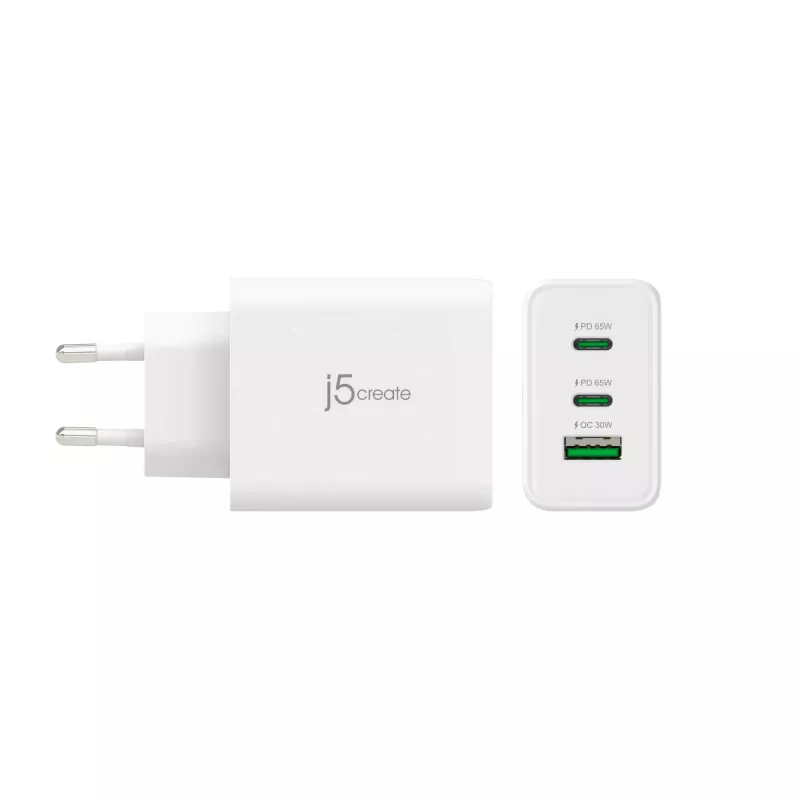j5create JUP3365E-EN caricabatterie GaN USB-C 65W a 3 porte, uso interno, AC, bianco