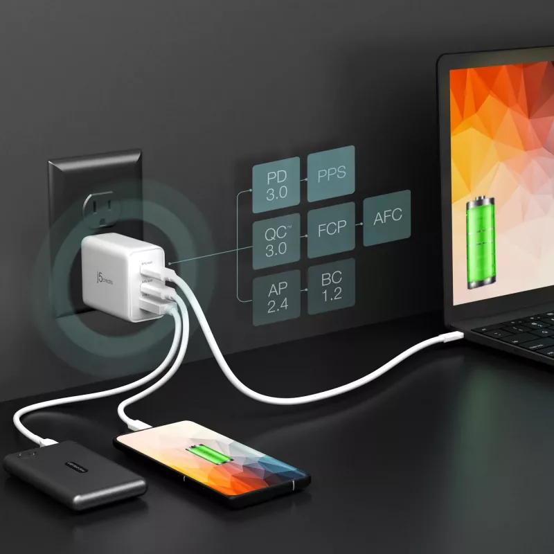 j5create JUP3365E-EN caricabatterie GaN USB-C 65W a 3 porte, uso interno, AC, bianco