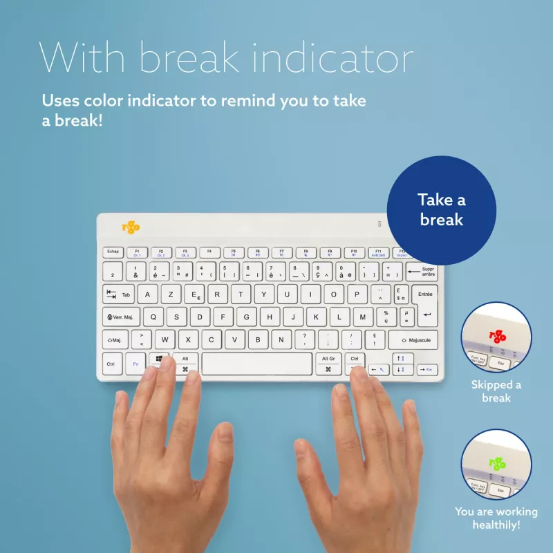 R-Go Tools tastiera ergonomica R-Go Compact Break, tastiera compatta con software per le pause, AZERTY (FR), Bluetooth, bianco