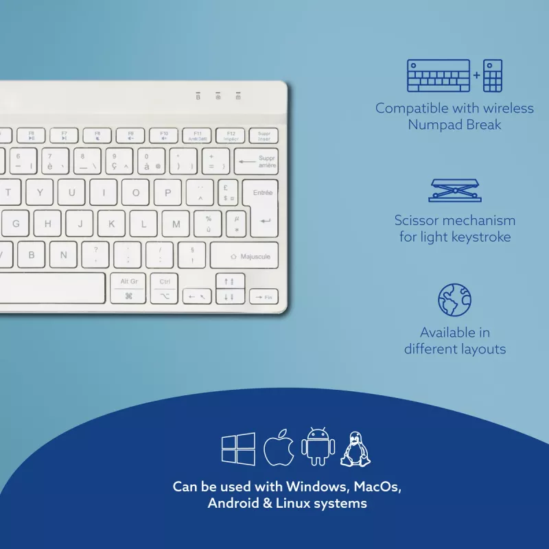 R-Go Tools tastiera ergonomica R-Go Compact Break, tastiera compatta con software per le pause, AZERTY (FR), Bluetooth, bianco