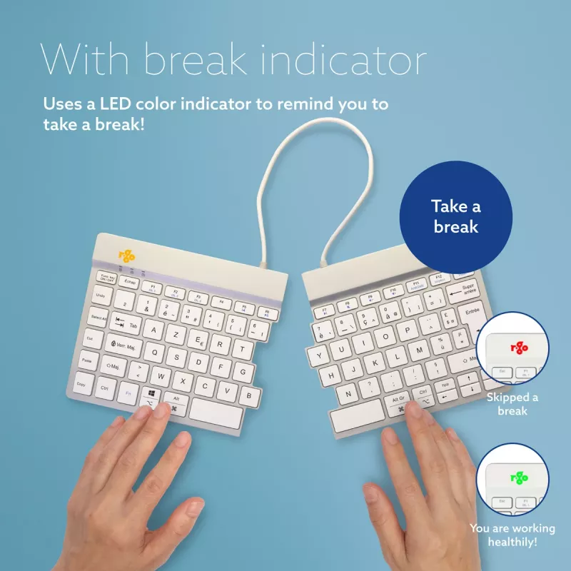 R-Go Tools tastiera ergonomica R-Go Split Break con software per le pause, tastiera ergonomica divisa, AZERTY (FR), Bluetooth, bianco