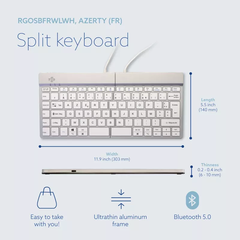 R-Go Tools tastiera ergonomica R-Go Split Break con software per le pause, tastiera ergonomica divisa, AZERTY (FR), Bluetooth, bianco