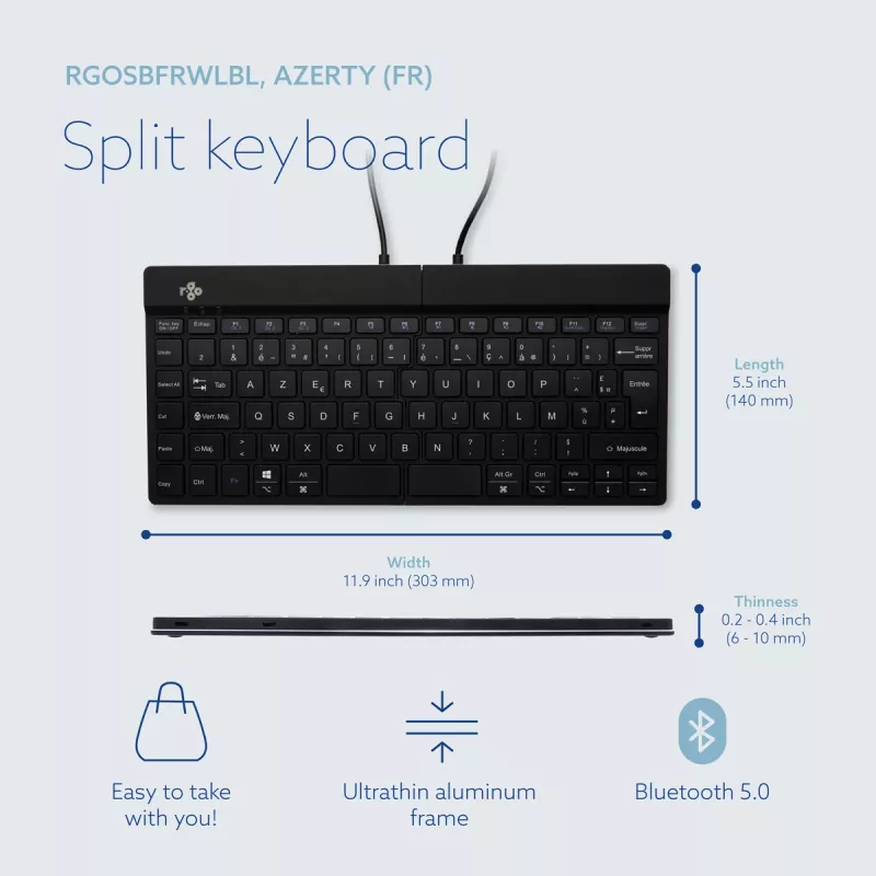 R-Go Tools tastiera ergonomica R-Go Split Break con software per le pause, tastiera ergonomica divisa, AZERTY (FR), Bluetooth, nero