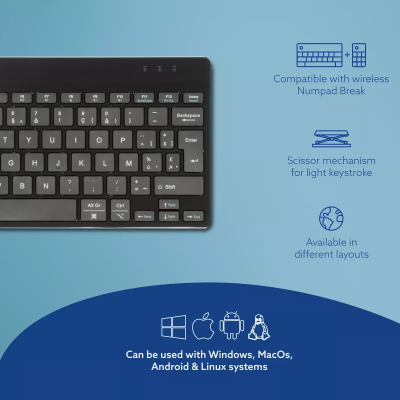 R-Go Tools tastiera ergonomica R-Go Compact Break, tastiera compatta con software per le pause, AZERTY (BE), Bluetooth, nero