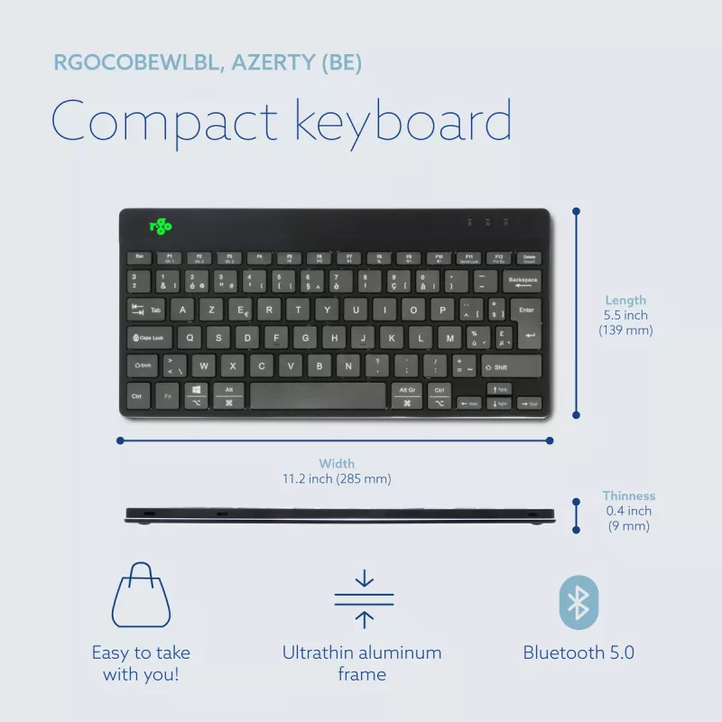 R-Go Tools tastiera ergonomica R-Go Compact Break, tastiera compatta con software per le pause, AZERTY (BE), Bluetooth, nero