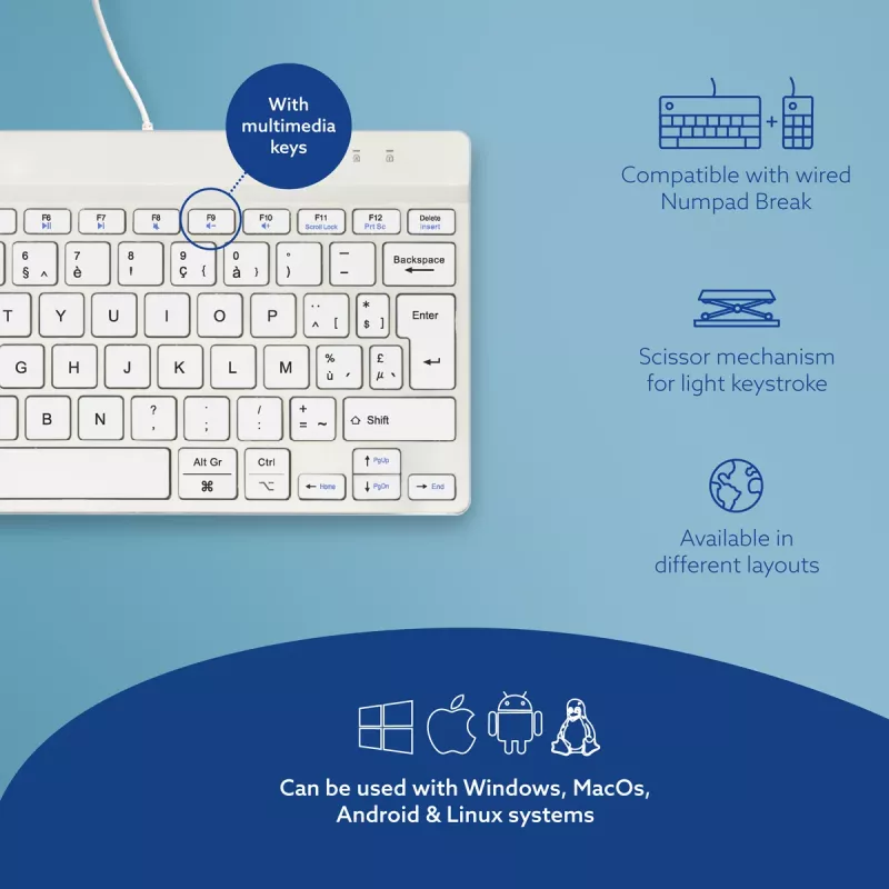 R-Go Tools tastiera ergonomica R-Go Compact Break, tastiera compatta con software per le pause, AZERTY (BE), con filo, bianco