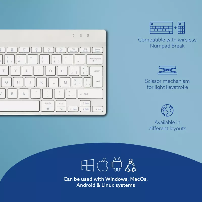 R-Go Tools tastiera ergonomica R-Go Compact Break, tastiera compatta con software per le pause, AZERTY (BE), Bluetooth, bianco