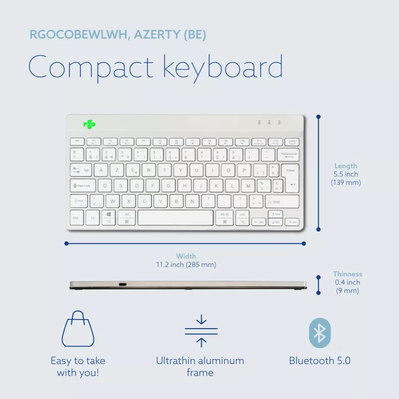 R-Go Tools tastiera ergonomica R-Go Compact Break, tastiera compatta con software per le pause, AZERTY (BE), Bluetooth, bianco