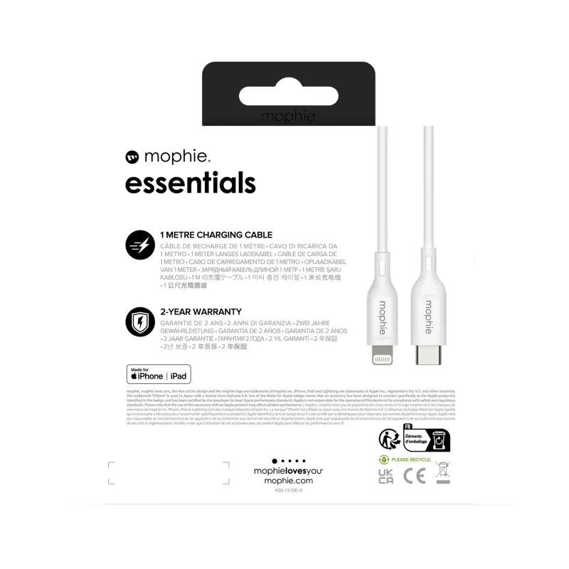 mophie essentials Lightning a USB-C | cavo di ricarica (1M) bianco
