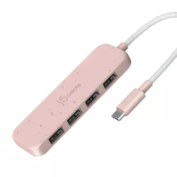 Hub USB-C a 4 porte USB-A Gen 2 j5create — 10 Gbit/s, USB 3.2, rosa, plastica ABS riciclata, 100×27×19 mm