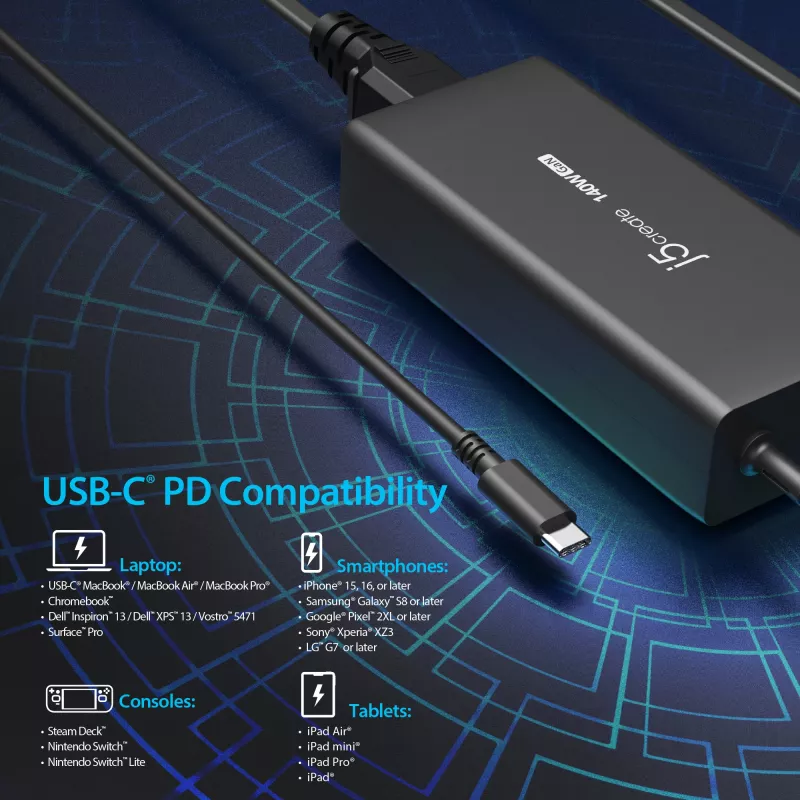 j5create JUP17140-EN caricabatterie GaN USB-C da 140 W, PD 3.1, EU