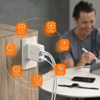 Caricabatterie j5 create 70W GaN USB-C a 4 porte — per interni, alimentato in CA, compatibile universalmente, bianco