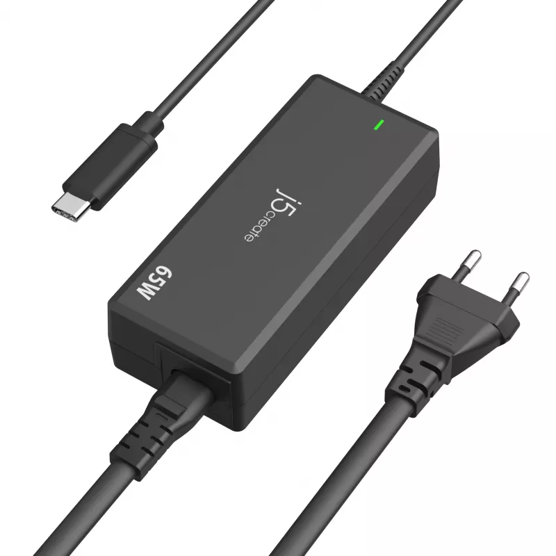 Adattatore di alimentazione USB-C PD j5create JUP1265 — 65W, per interni, nero, plastica, 118×32×50 mm (UE)