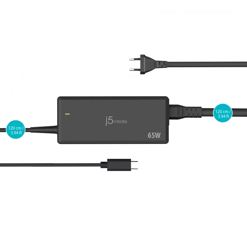 Adattatore di alimentazione USB-C PD j5create JUP1265 — 65W, per interni, nero, plastica, 118×32×50 mm (UE)