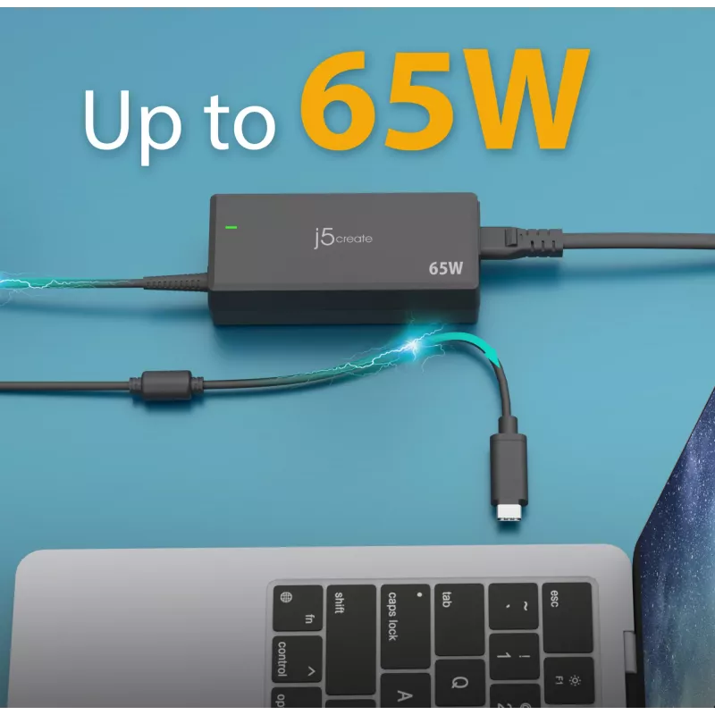 Adattatore di alimentazione USB-C PD j5create JUP1265 — 65W, per interni, nero, plastica, 118×32×50 mm (UE)