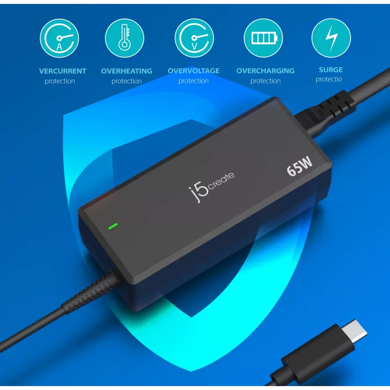 Adattatore di alimentazione USB-C PD j5create JUP1265 — 65W, per interni, nero, plastica, 118×32×50 mm (UE)