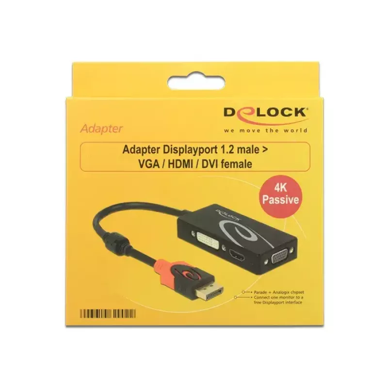 Delock 62902 adattatore da DisplayPort 1.2 a VGA / HDMI / DVI, 4K, passivo, nero