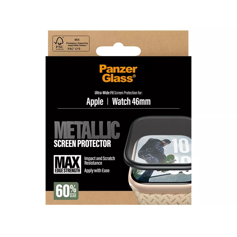 Protezione display PanzerGlass con cornice in metallo nera per Apple Watch, modello PG56329