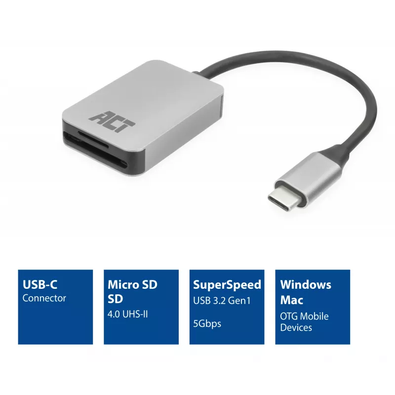 Lettore di schede ACT AC7056 USB 3.2 Gen 1 Type-C grigio MicroSD SD
