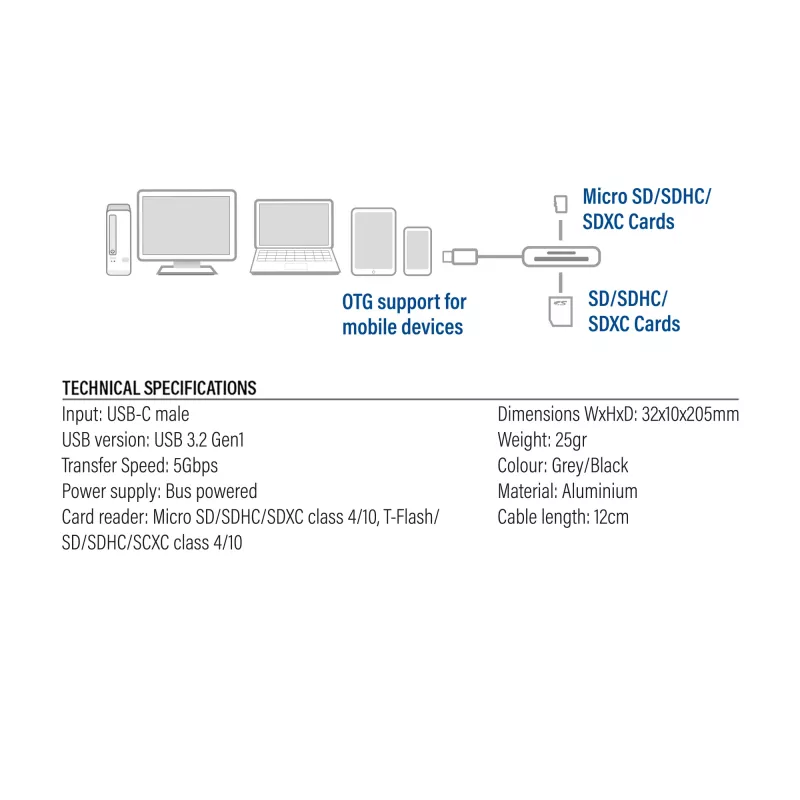Lettore di schede ACT AC7056 USB 3.2 Gen 1 Type-C grigio MicroSD SD