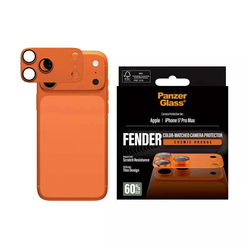 Protezione fotocamera PanzerGlass Fender per iPhone 17 Pro Max, silicone, Cosmic Orange, antigraffio e antiurto