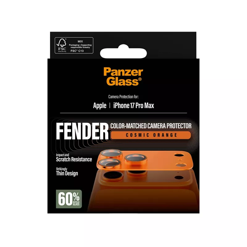 Protezione fotocamera PanzerGlass Fender per iPhone 17 Pro Max, silicone, Cosmic Orange, antigraffio e antiurto