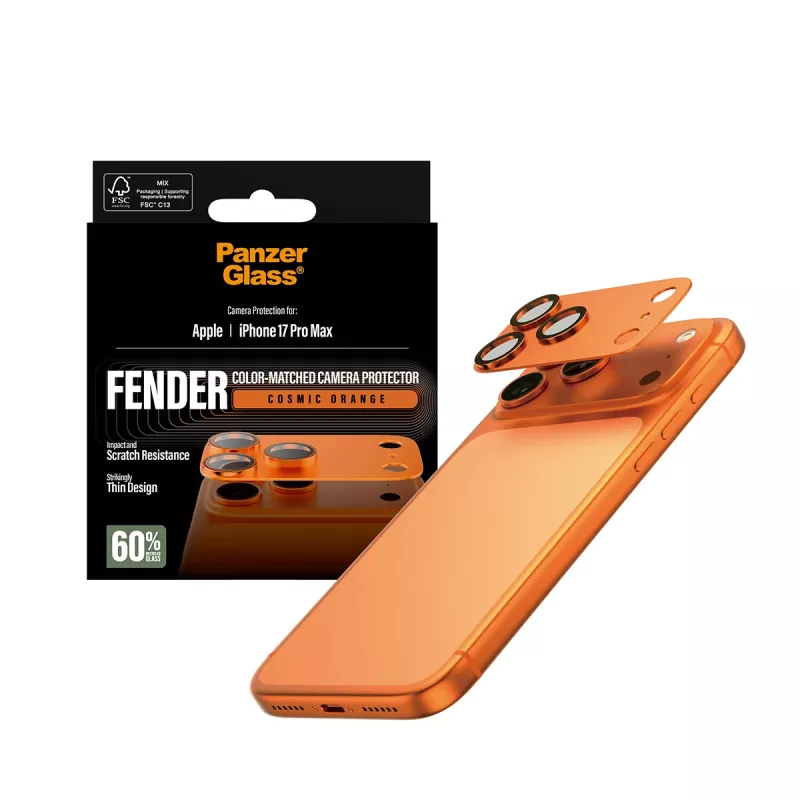 Protezione fotocamera PanzerGlass Fender per iPhone 17 Pro Max, silicone, Cosmic Orange, antigraffio e antiurto