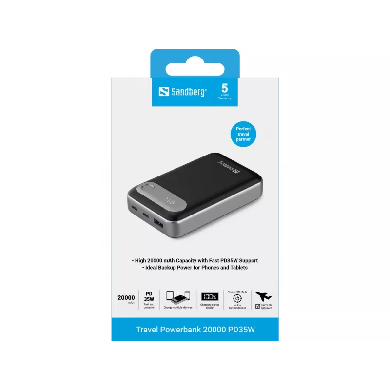 Powerbank da viaggio Sandberg 20000 PD35W, 20000 mAh, litio-polimero (LiPo), 3.7 V, nero, argento